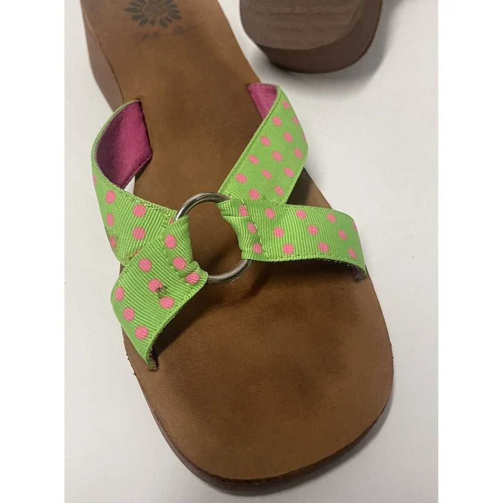 YELLOW BOX WOMENS WEDGE SANDALS GREEN PINK POLKA DOT FLIP FLOP THONG SLIP ON‎ - Picture 7 of 8